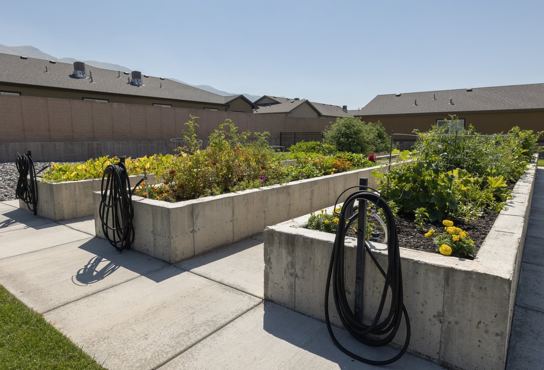 Raised community garden beds at Eagle Heights Village