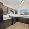 Kitchen with dark wood cabinets, granite countertops, and black appliances